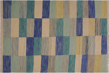 Flat Weave Kilim, Antique, Navaho, Vintage, Handmade, Modern Kilim Ivory Blue Hand-Woven Rectangle 100% Wool Area Rug 5 x 8